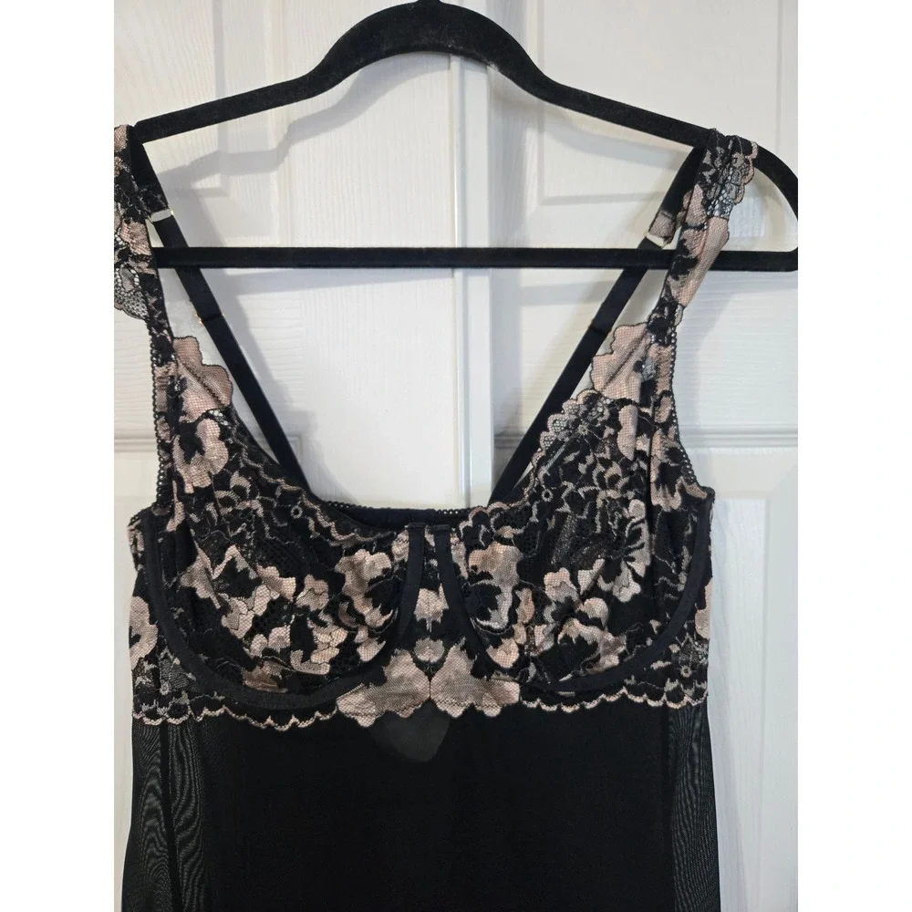 Auden Black Pink Floral Lace Mesh Underwire Babydoll Lingerie Top L